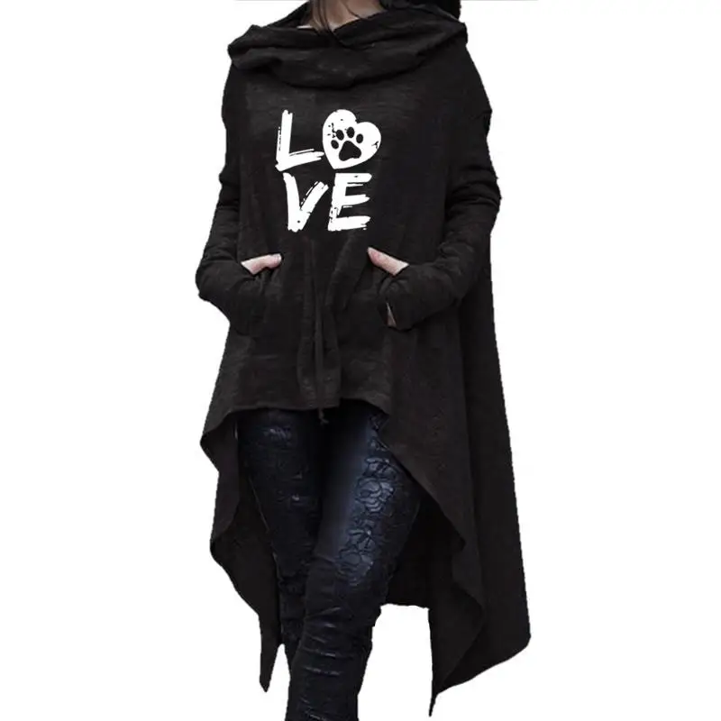 

New Women Hoodies 3D Print LOVE Fashion Irregular Hem Oversize Female Long Sleeve Hooded Cloak Pullover Street Leisure Costume
