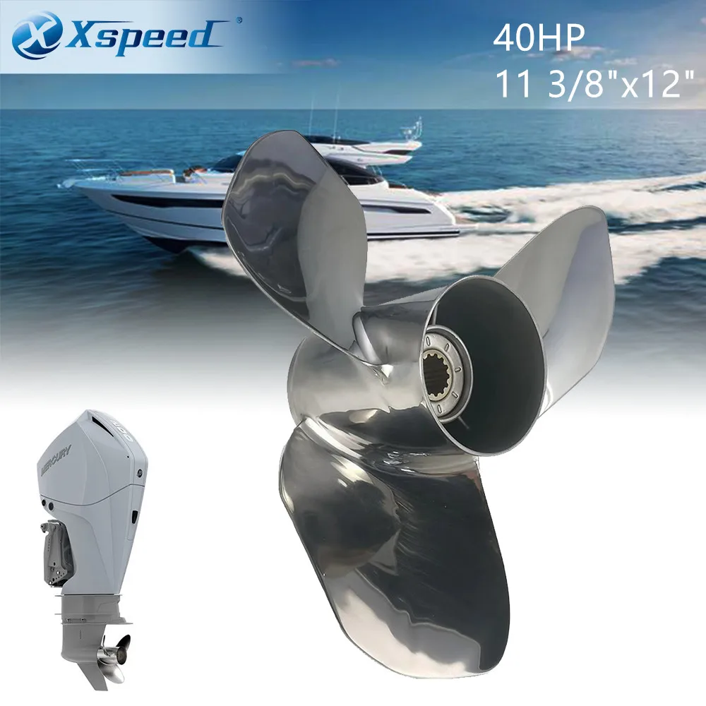Xspeed Propeller Boat 11 3/8x12Fit Mercury Outboard 40HP 13 Splines Stainless Steel 3 Blades Marine Parts