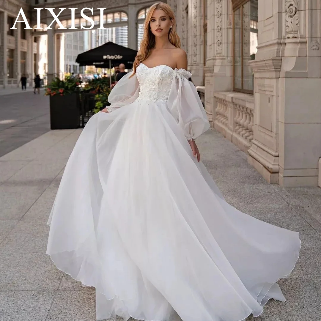 

Aixisi Luxury Wedding Dresses Sweetheart Puffy Full Sleeve Bride Gown Organza A-Line Appliques Rhinestones Robe de mariee