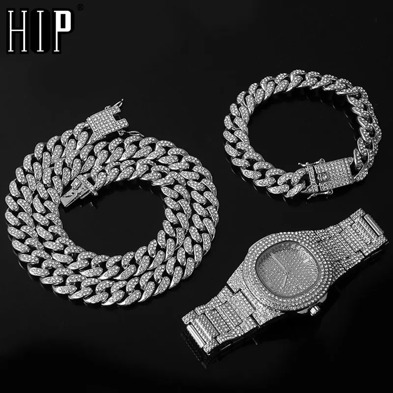 Necklace +Watch+Bracelet Hip Hop Miami Curb Cuban Chain Gold Color Iced Out Paved Rhinestones CZ Bling Rapper For Men Jewelry