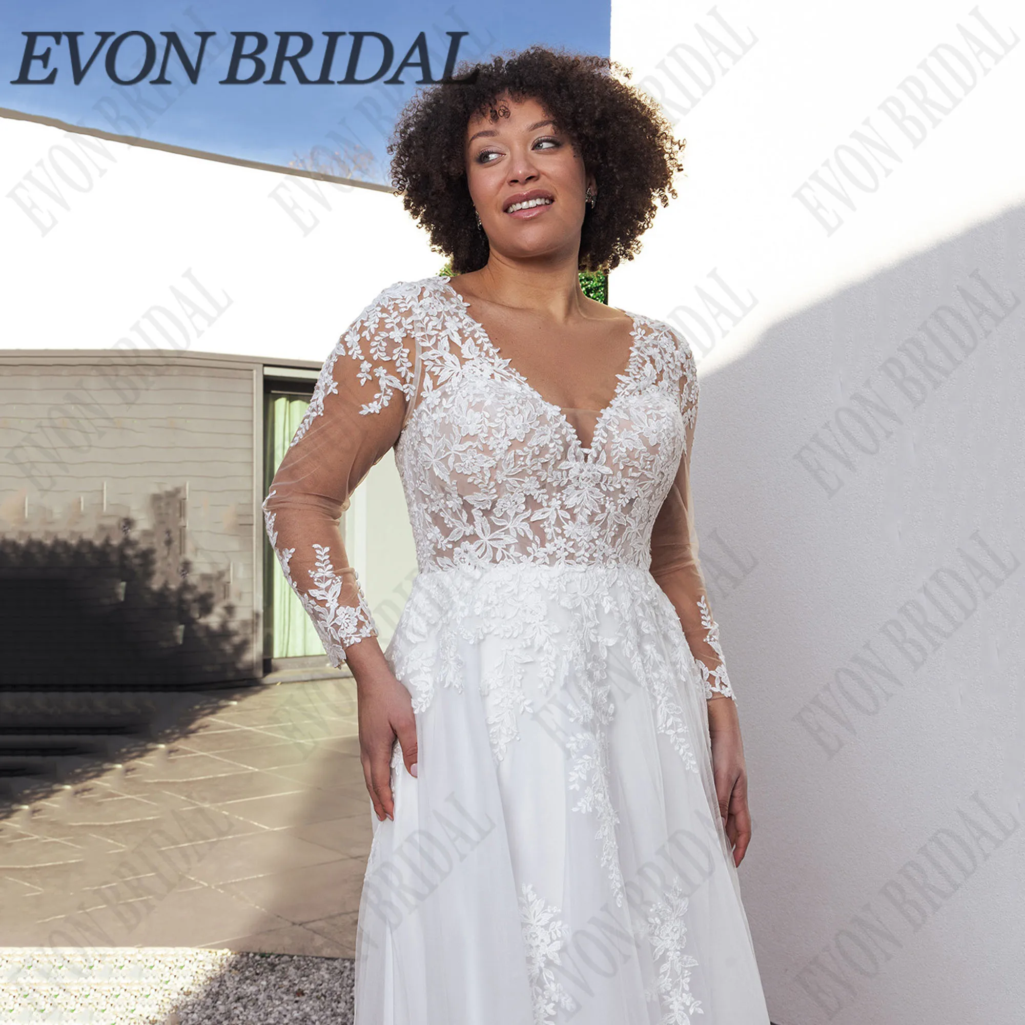 Фото EVON BRIDAL Свадебное платье больших размеров трапециевидной формы с длинными рукавами и v-образным вырезом Vestidos De Novia Элегантное платье невесты с аппликацией на шнуровке на заказ №3
