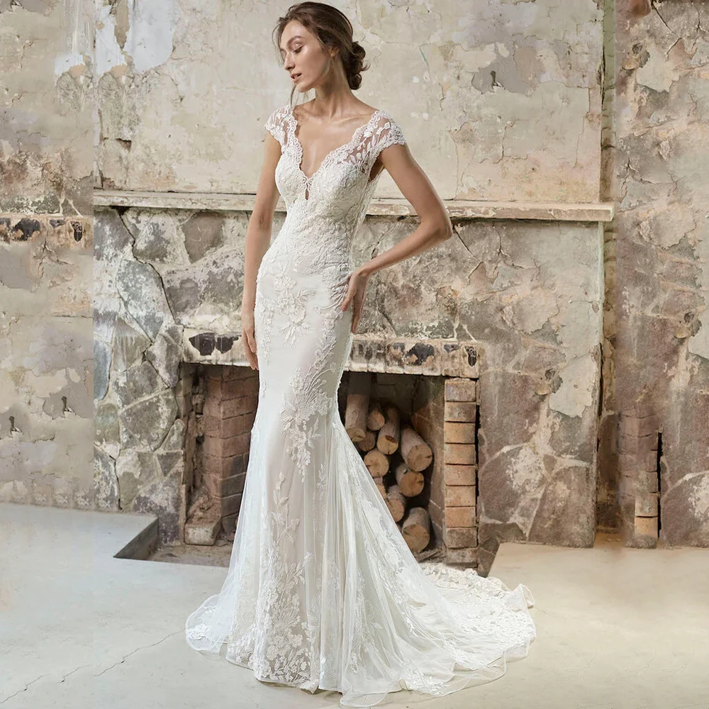 

Exquisite Applique Cap Sleeve Wedding Dress Deep V-Neck Mermaid Floor Length Tulle Sexy Open Back Sweep Train Bridal Gowns