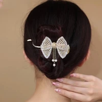 french elegant pearl bow fringe hair clip shiny zircon tassel hair accessories for women