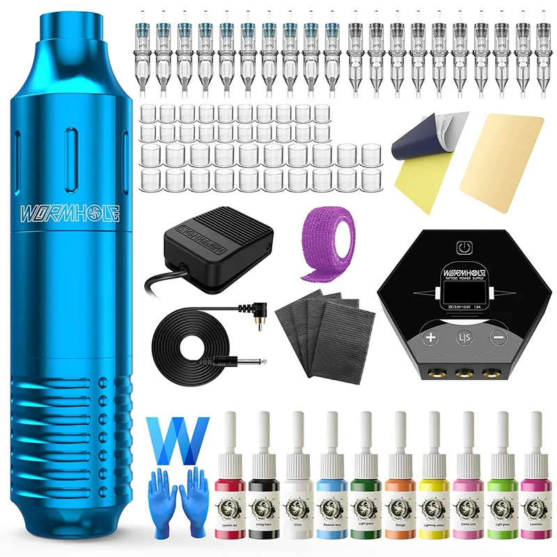 

Wormhole Blue Tattoo Kit Professional Permanent Makeup Tattoo Rotary Pen Machine With Cartridge Needle Tattoo Body Art
