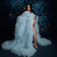 extra puffy tulle maternity dress for photography ruffled long sleeves blue maternity robe photo shoot dresses women prop gown