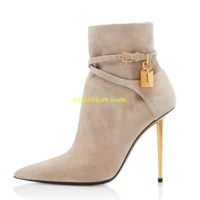 suede leather padlock ankle booties sexy pointed toe stiletto thin high heel fashion runway women boots strap solid women boot