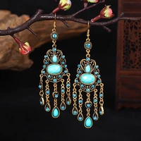 creative ethnic women blue rhinestone acrylic water drop earrings boho long antique gold color geometric indian earrings jewelry