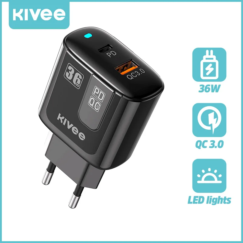 

KIVEE 18W 36W Fast Charger QC PD 3.0 USB C Type C Mini Travel Adapter Head For Iphone Huawei IPad Laptop Fast Wall Chargers