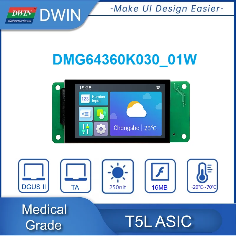 

DWIN 3 Inch IPS-TFT-LCD Module 640*360 Medical Grade HMI Touch Screen And Smart Display Panel Intelligent LCM DMG64360K030_01W