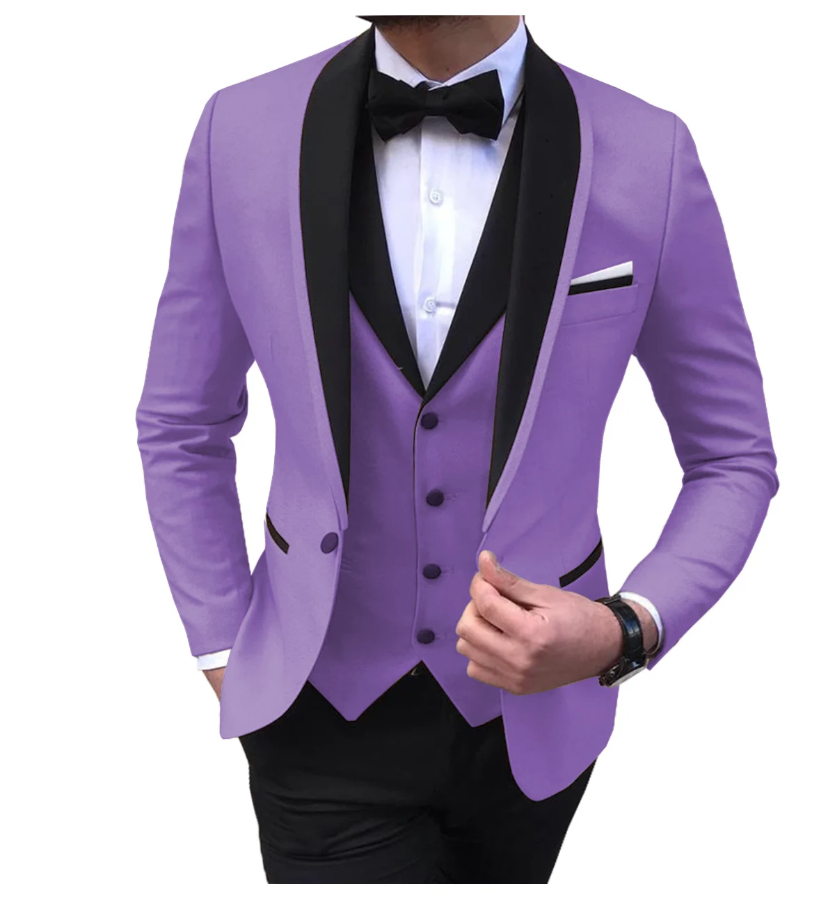 Blue Slit Mens Suits 3 Piece Black Shawl Lapel Casual Tuxedos for Wedding Groomsmen Suits Men 2020 (blazer+vest+pants) images - 6