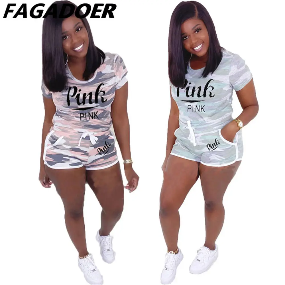 

FAGADOER New Camouflage Summer Sweatsuit Tracksuits Pink Letter Print Two Piece Set Outfits T-shirt + Pockets Casual Shorts Sets