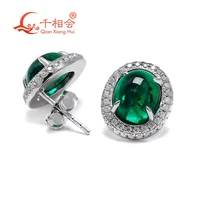 green color emerald earing created hydrothermal emerald flat back oval cabochon 810mm 925 silver melee white moissanite wedding