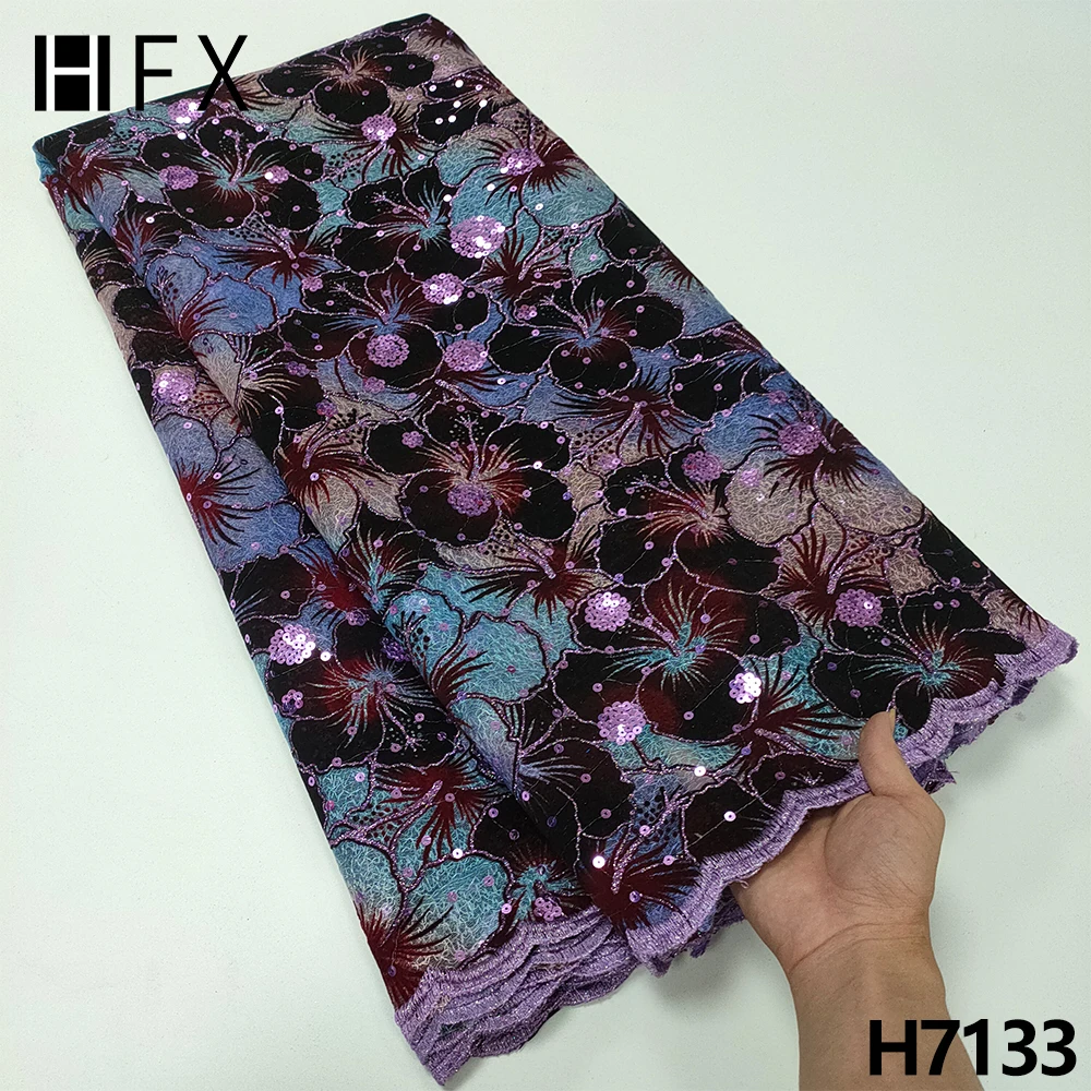 

HFX Nigerian Lace Fabric 2022 Fashion Sequined Chantilly Lace Fabric African Mesh Flocking Sequins Velvet Lace Fabrics F7133