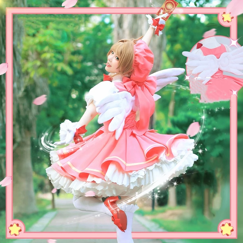 

Anime Cardcaptor Sakura Kinomoto Sakura Battle Suit Pink Dress Sweet Role Play Cosplay Costume Halloween Women Free Shipping