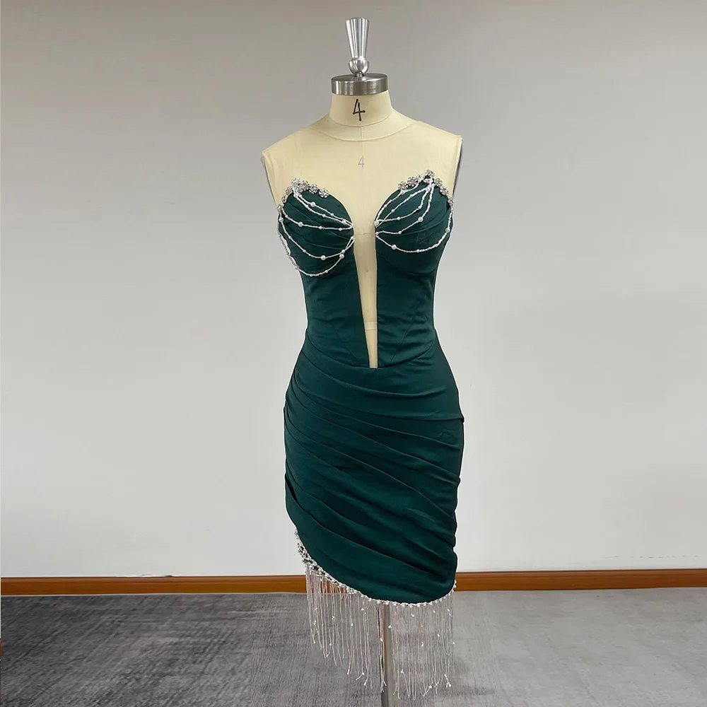 

Green Evening Dresses 2022 Sweetheart Party Dresses Satin Beaded Crystals Straight Robes De Soirée Sleeveless Mini Sexy Women