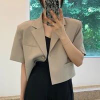 clothland women elegant short jacket notched collar short sleeve one button coat summer casual outwear tops mujer ca296
