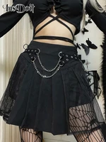 insdoit gothic clothes black summer skirt female streetwear fashion mesh patchwork skirts punk grunge chain sexy pleated skirts
