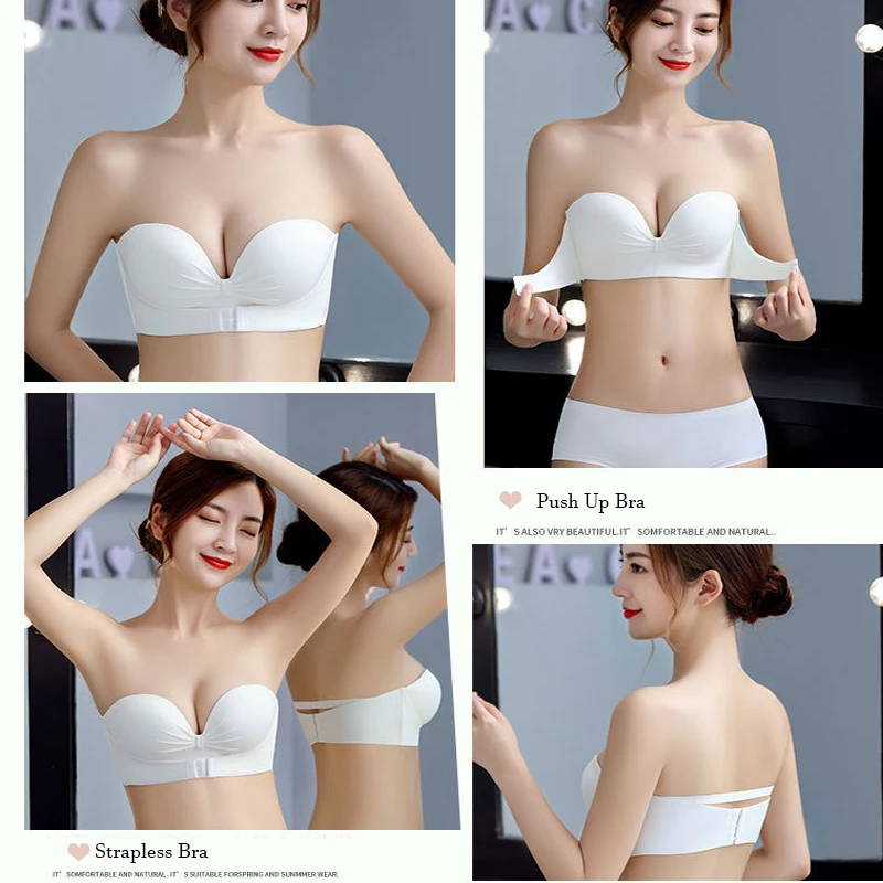 Women's Bra New Seamless Front Buckle Bra Women Sexy Strapless Push Up Bra Front Glossy Lnvisible Non-Slip One-Piece Push Up Bra