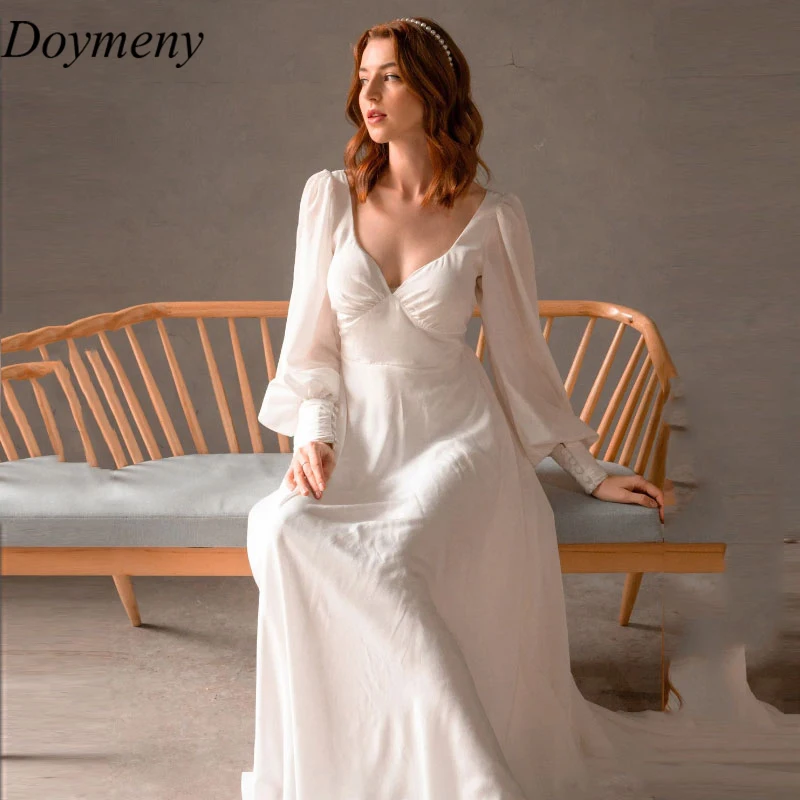 

Doymeny Bridal Wedding Dress Sweetheart Sweep Train Satin Zipper Draped Pleat Long Sleeves Simple A-Line Robe De Mariée 2023