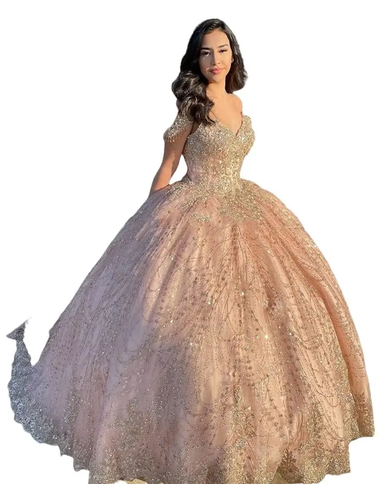 

Sparkly Champagne Quinceanera Dresses Sequin Lace Ball Gown Prom Dresses Sweetheart Sweet 16 Dress Long Formal Dress