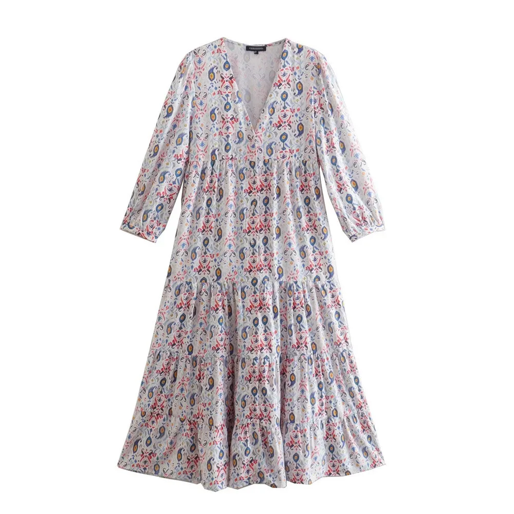 

Женское однобортное Платье-туника PB & ZA, свободное платье во французском стиле с V-образным вырезом и многослойной строчкой, с принтом, лето ...