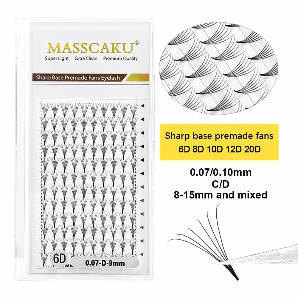 MASSCAKU 3D/4D/5D/6D/7D/8D/10D/20D Premade Russian Volume Fan False Eyelash Extension Cilia Makeup Individual Sharp Pointy Stem