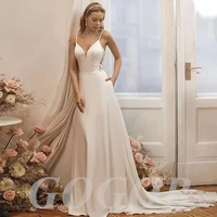gogob elegant satin wedding dresses r007 backless applique bridal gown with pocket simple vestido de novia lace court train