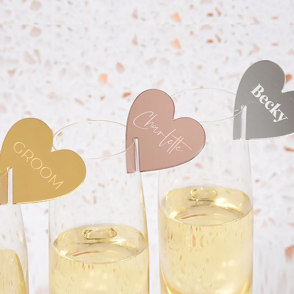 

Personalized Acrylic Herat Tags Wedding Name Place Cards BabyShower Name Tags Dinner Glass Marker Place Setting Drink Tags Charm