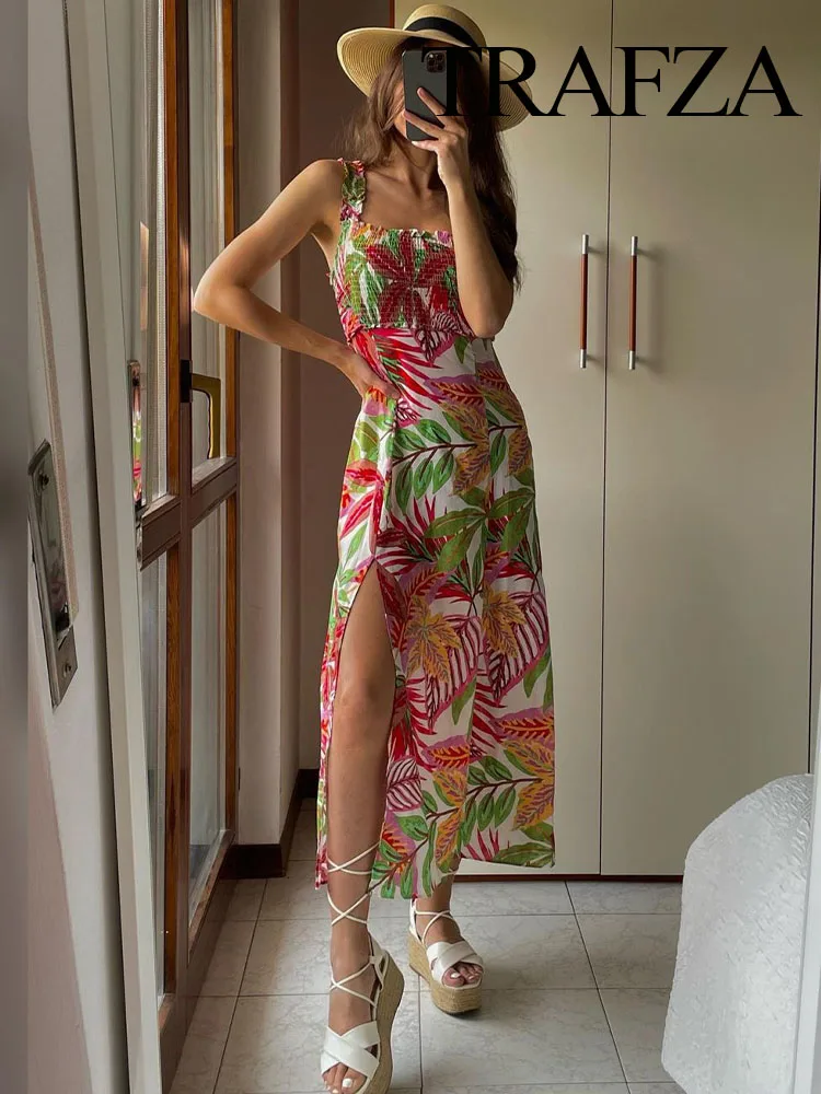 

TRAFZA Summer Women's Fashion Color Printed Waist Closed Slim Dress Mid-Length Sleeveless Suspender Dress Commuter Style Woman's