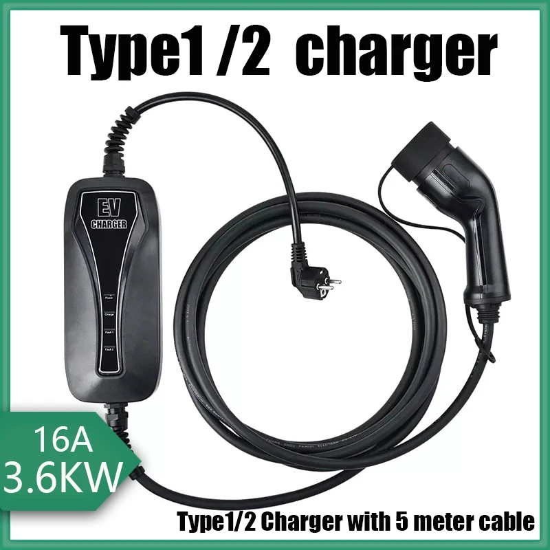 

Car Portable EV Charger Electric Vehicle Auto Type1 Type2 Plug 16A SAE J1772 220V