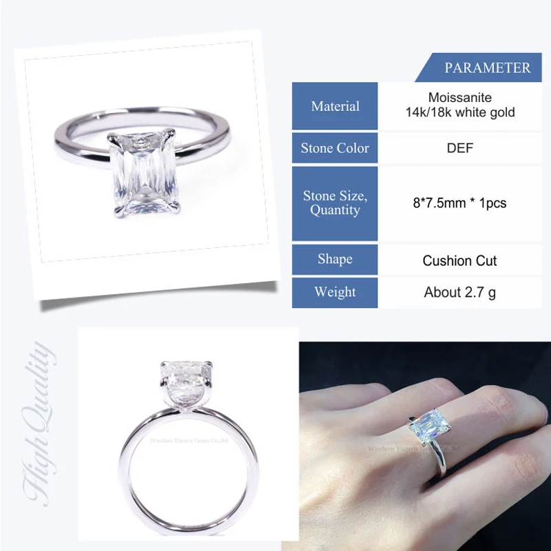 Tianyu Gems 8X7.5mm Criss Cut Moissanite D VVS Solitaire Diamond Rings 14k/18k White Gold Women Wedding Ring Custom Fine Jewelry
