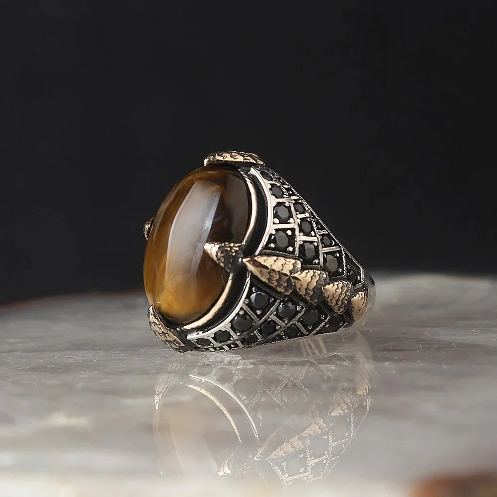 925 Sterling silver ring for men tiger eye jewelry fashion Vintage gift onyx Agate Mens ring all size