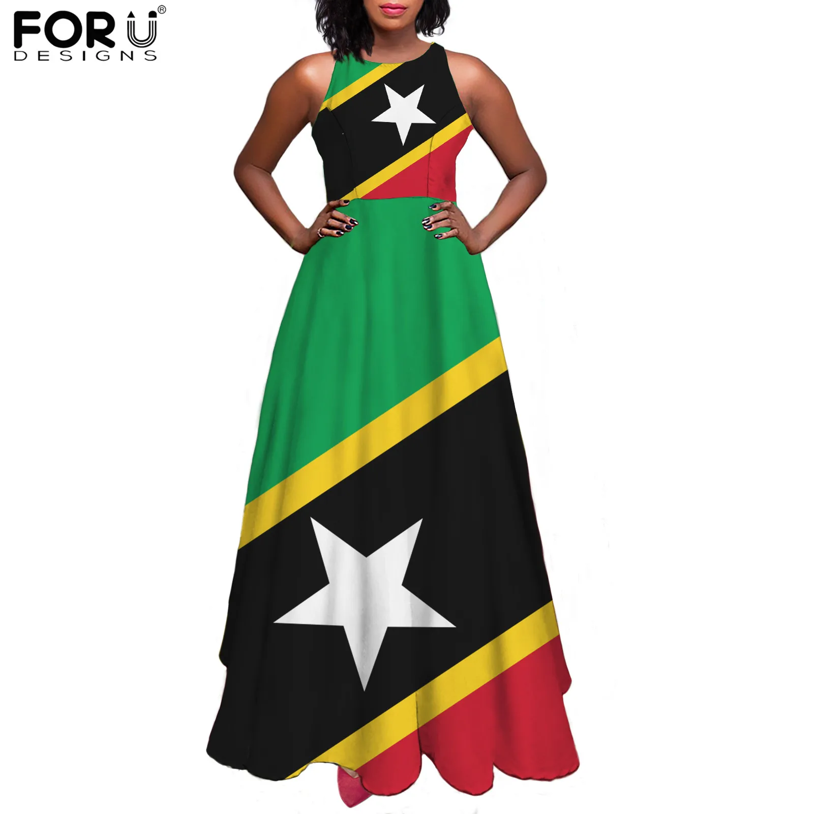 

FORUDESIGNS Saint Kitts and Nevis Flag Stripes Design Spring Sleeveless Swing Dresses Elegant Women High Waist Maxi Long Dresses