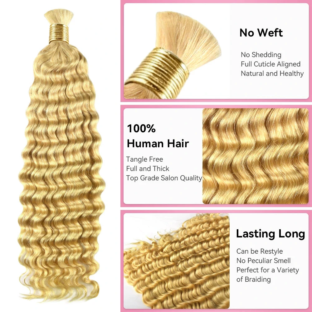 Фото # Наращивание волос 613 Blonde Deep Wave для плетения кос, натуральные волосы, блонд, глубокая волна, богемный стиль, кудрявые волосы для плетения. №3