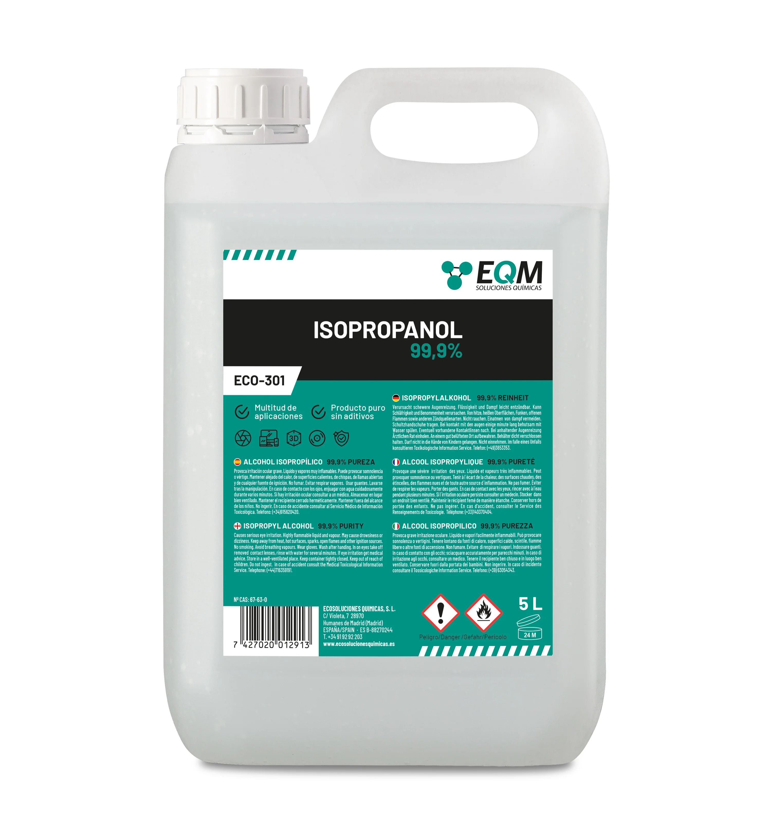EQM - Eco-301 - Isopropyl Alcohol 99.9% - Isopropanol - Electronic Cleaning, Screens, 3D Printing, and Glass Cleaning