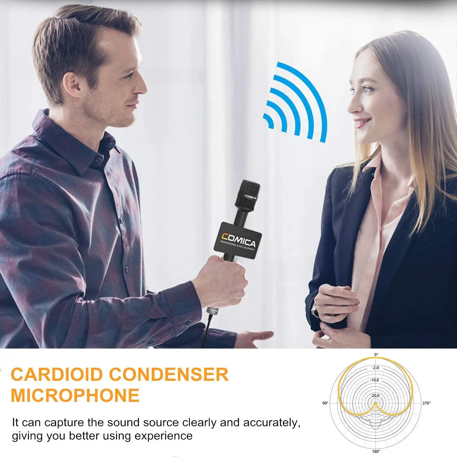 Handheld Interview Microphone, Comica HRM-S 3.5mm TRRS Cardioid Condenser Vocal Mic for Recording, Speech, Stage, Reporter, TV enlarge