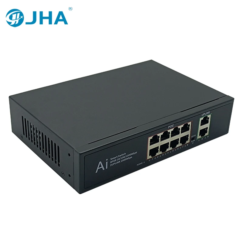 

JHA-TECH 8 Port POE Switch for IP Camera 100M Ethernet Switch for Wireless AP/CCTV Fast AI Smart Switch with 2 1000M Uplink Port