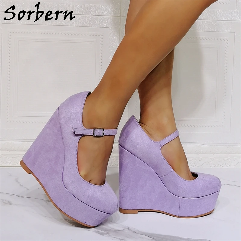 

Sorbern Lavender Mary Jane Women Pump Shoe Wedge High Heel Platform Shoes Round Toe Unisex Fetish Heeled Custom Size Eu33-48