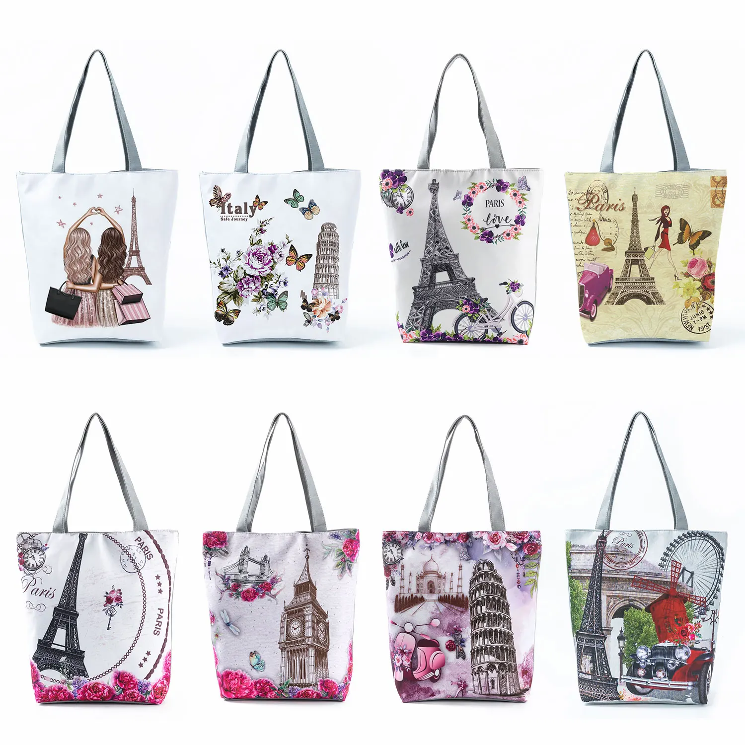 Customize Paris Landscape Women's Tote Fashion Pretty Floral Eiffel Tower Print Handbag Foldable Reusable Portable Shopping Bags