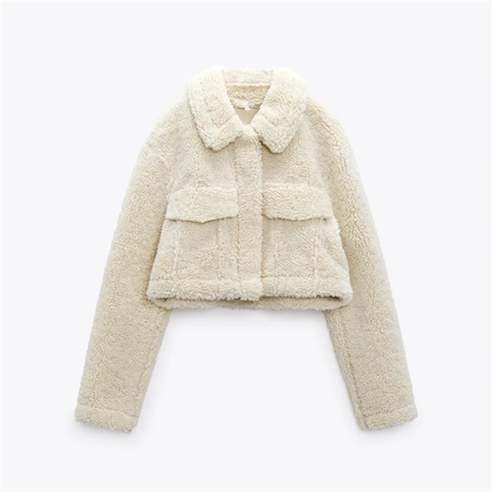 

PB&ZA autumn and winter new women's casual all-match lapel long-sleeved pockets fleece short shirt jacket 4341/743