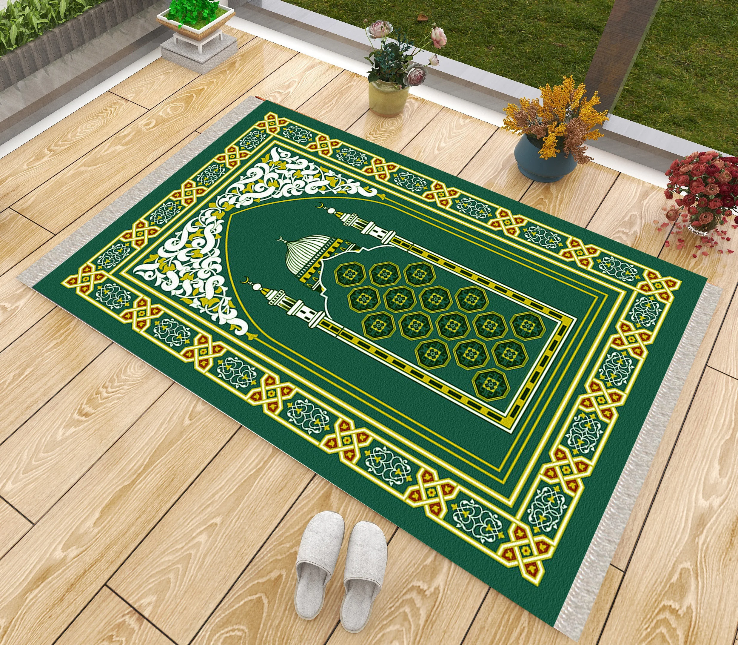 

Luxury Thick Prayer Rug Modern Green Yellow Muslim Eid Ramadan Religious Soft Islamic Gift Janamaz Sejadah Mats Praying Carpet