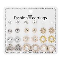 12 pairsset crystal simulated pearl earrings set for women zircon flower round ball piercing stud earring bride wedding jewelry