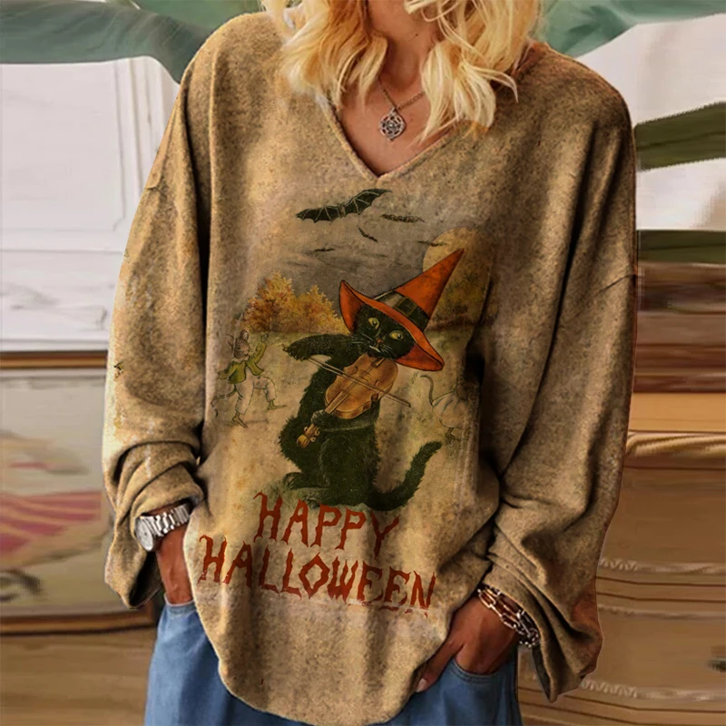 

Women's Cat Pulls Guitar Halloween Long Sleeve Sweatshirt
