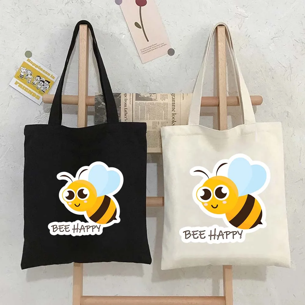 

Cute Bee Happy Flying Tote Bags for Women Canvas Shopping Bag Eco Large Capacity Reusable Handbags