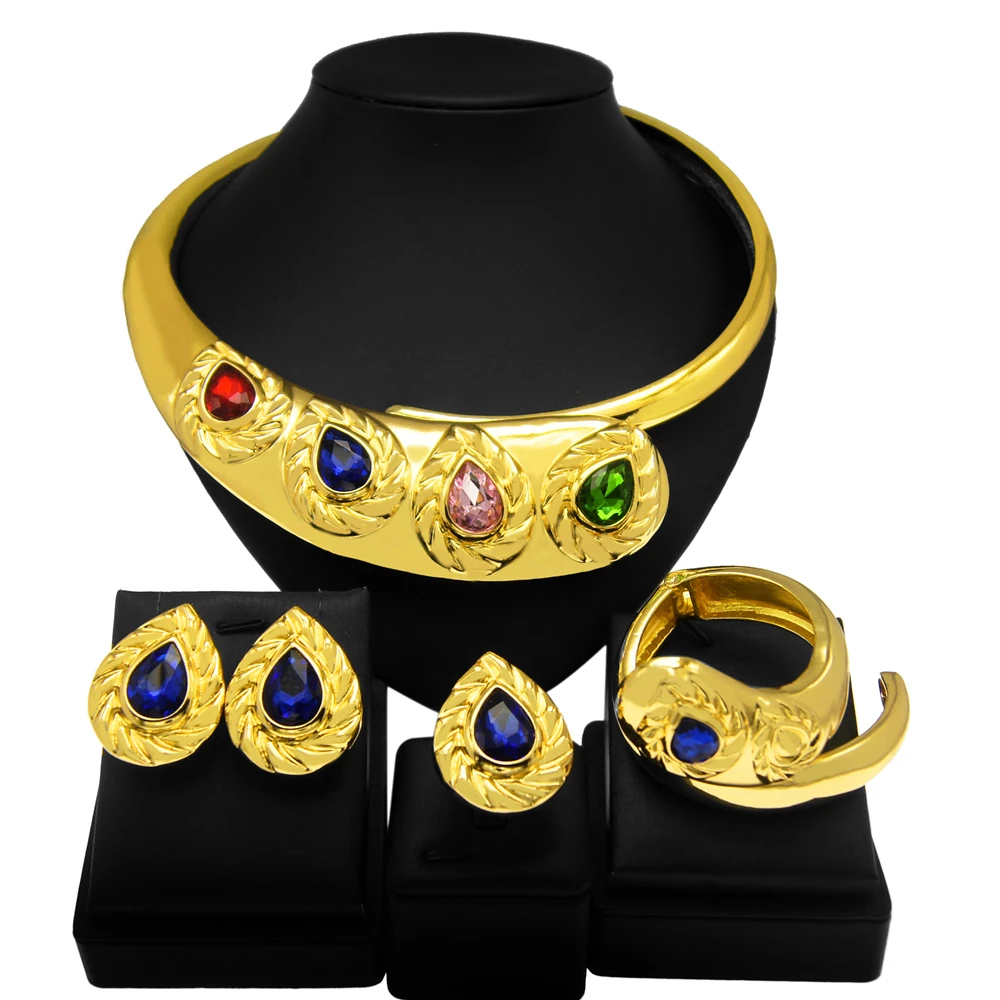 

Yulaili High Quality Dubai Gold Jewelry Sets For Women Pendant Necklace Earrings Charm Bracelet Ring Wedding Party Jewelery Set