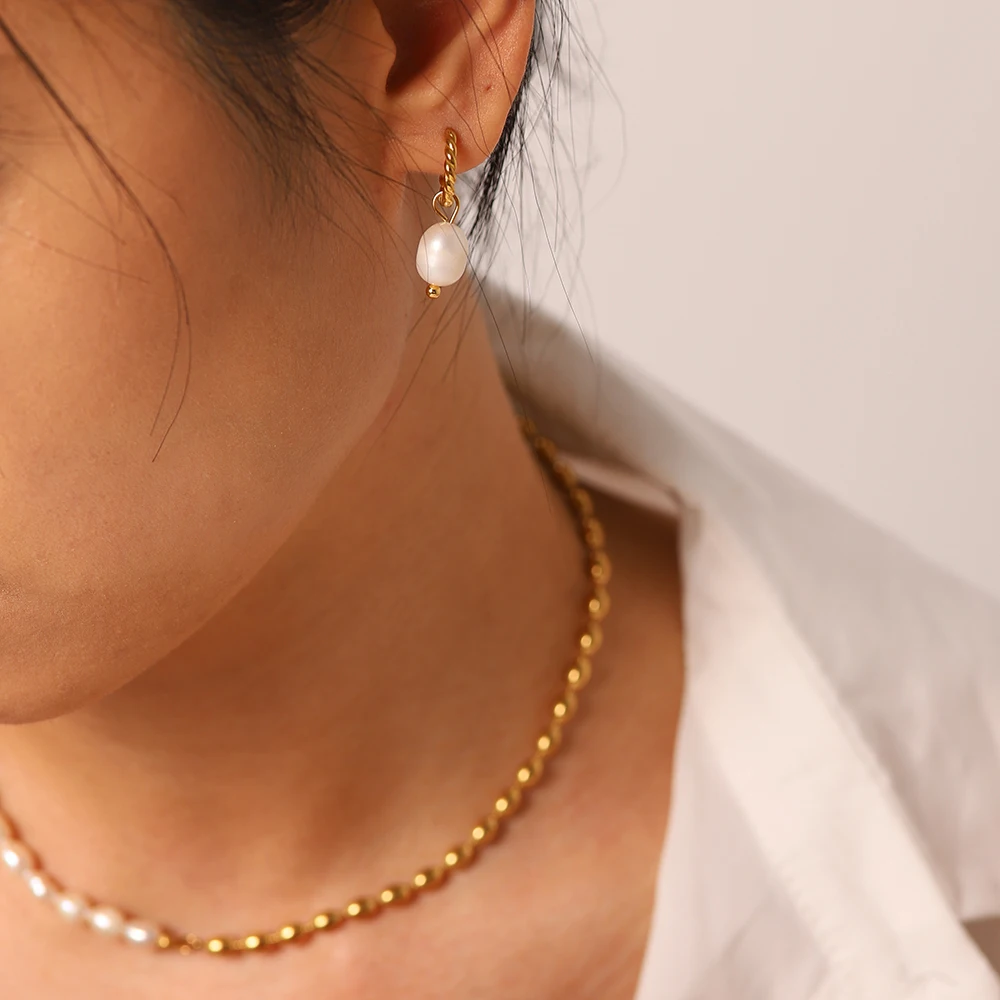 Серьги-кольца из нержавеющей стали с пресноводным жемчугом