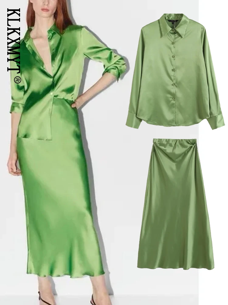 

KLKXMYT 2022 Traf Two Piece Sets Womens Outifits Satin Midi Skirts Sets For Fashion 2 Pieces Casual Shirts Tops Women Suit