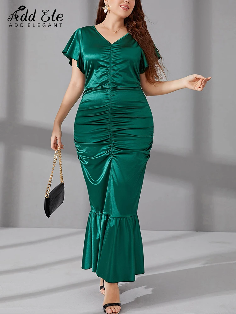 Add Elegant Plus Size Trumpet Mermaid Dress Women Summer Flare Sleeve V Neck Female Intermediate Fold Design Party Dresses B1451