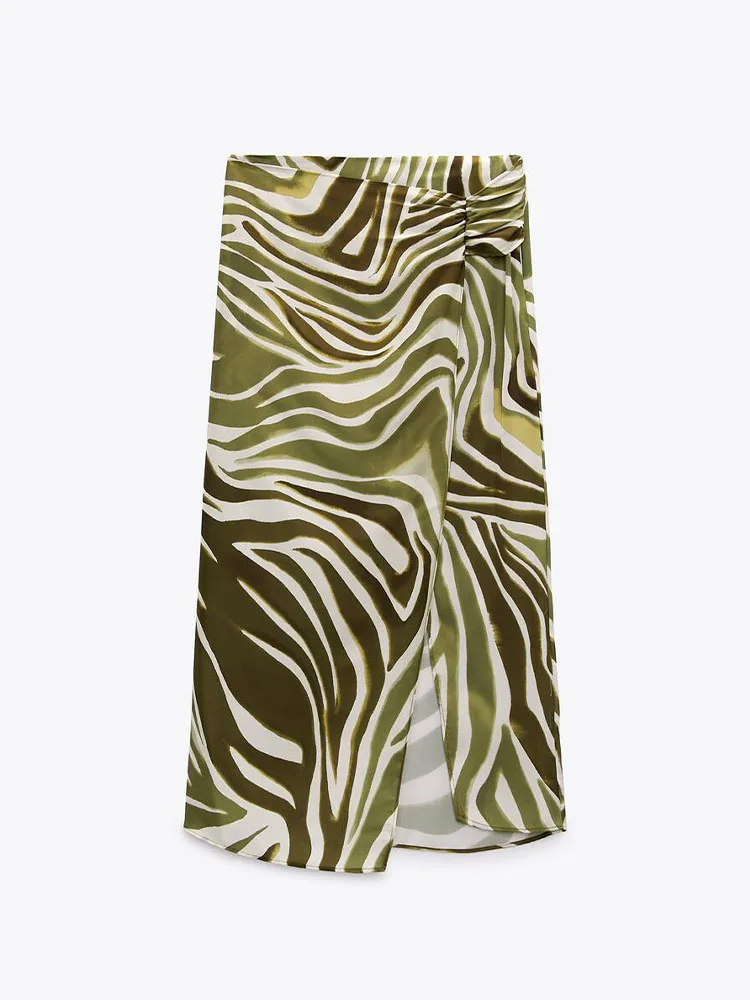 

Zach AiIsa Summer New Women's Fashion Vintage Animal Print Pleated Trimmed Hem Slit High Waist Casual Sarong Skirt