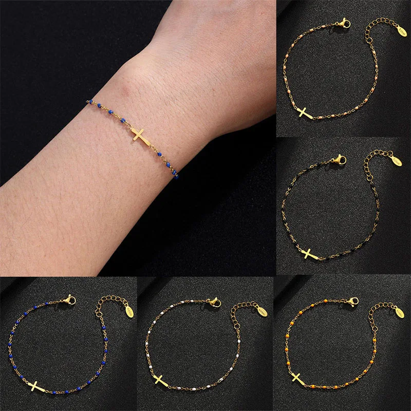 

Rinhoo Stainless Steel Cross Pendant Bracelet For Women Men Charm Colorful Beads Chain Party Wedding Bracelets Jewelry Gifts